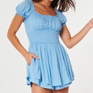 Hollister LightBlue Smocked Puff Sleeve Romper S Womens